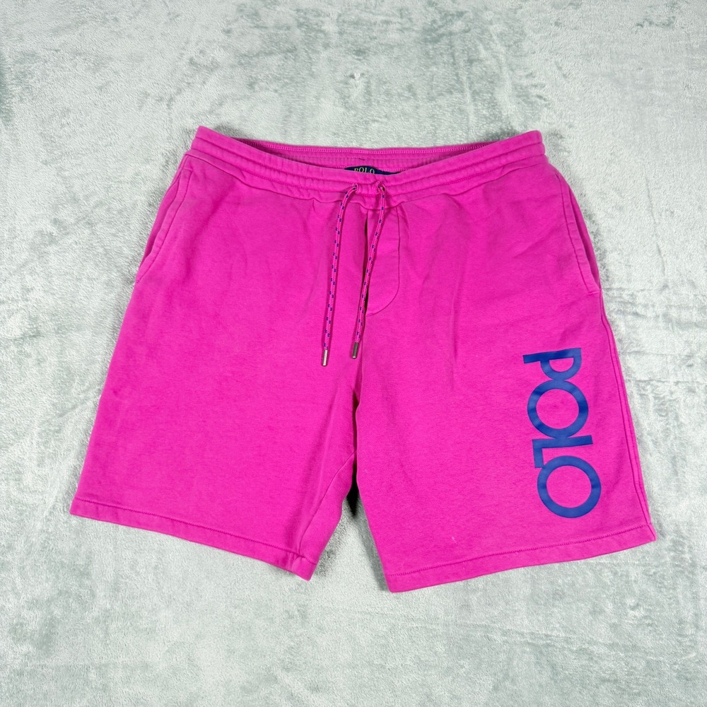 Polo Ralph Lauren Mens Large Sweat Shorts Pink Blue Logo Fleece Drawstring